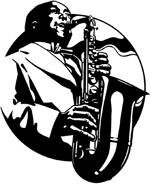 Man playing trumpet vinyl sticker. Customize on line.  Music 061-0390